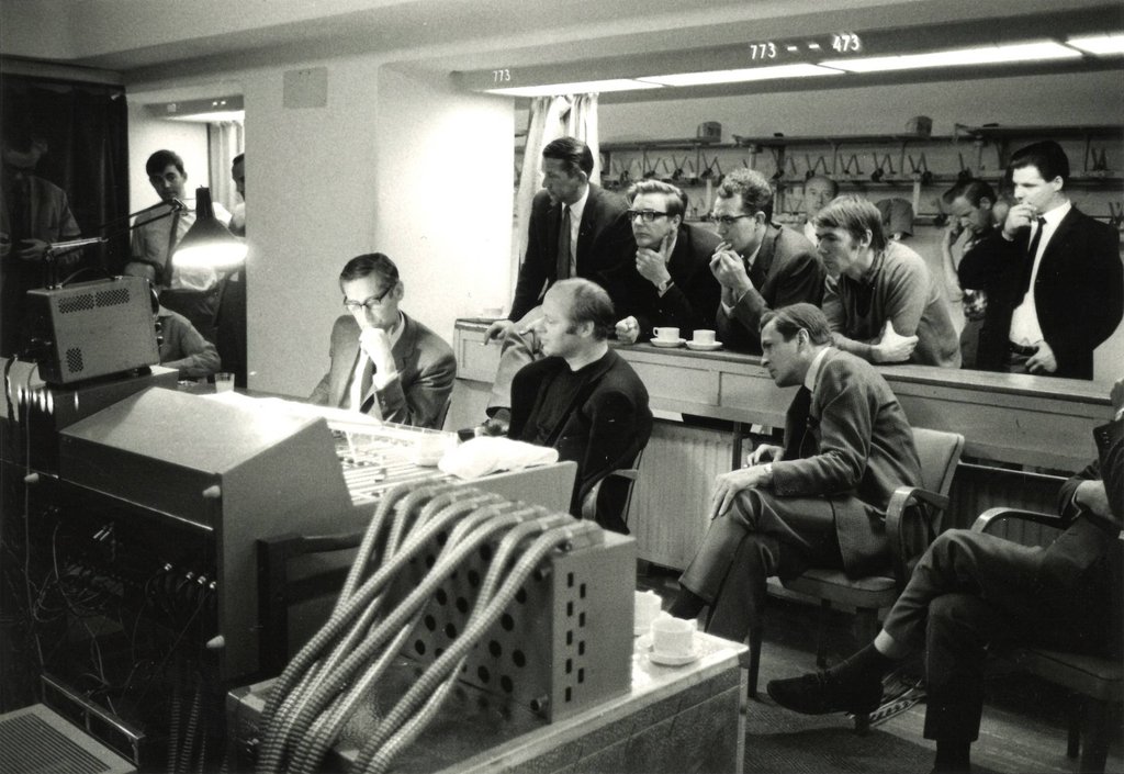 In the 1960s, Bernard Haitink listens to a recording take of one of Anton Bruckner's symphonies in the presence of His Royal Highness Prince Claus.