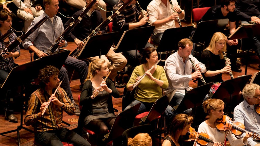 De fluitgroep met tussen Vincent Cortvrint en Emily Beynon de studente Niamh McKenna van de orkestacademie